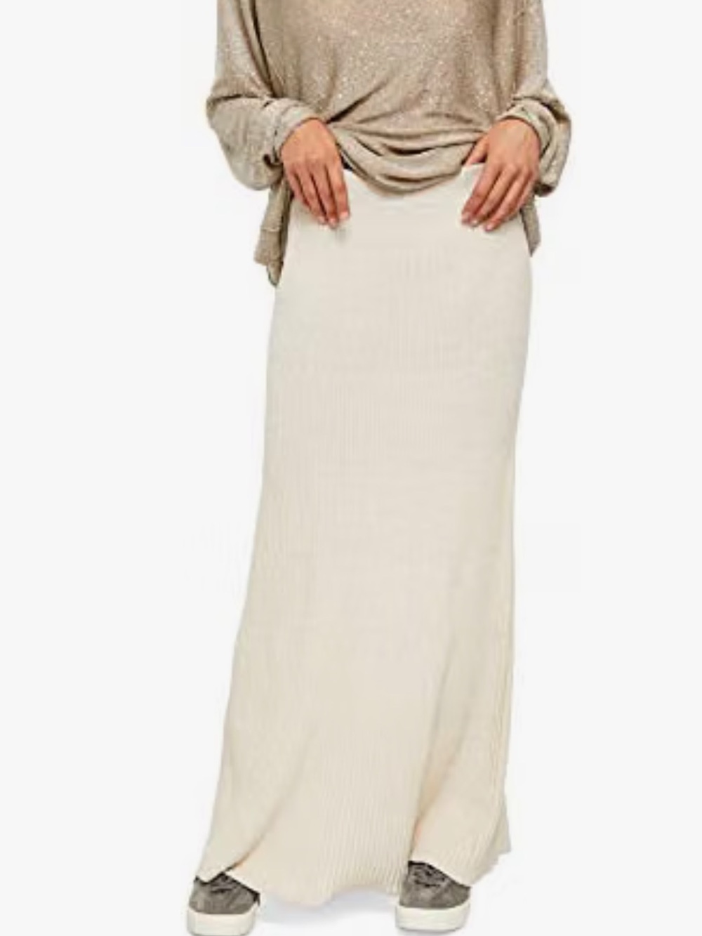 New Free People Shine Bright Cream Lurex Ribbed Knit Maxi Skirt